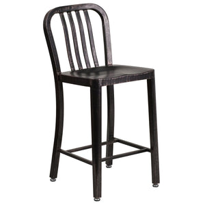 English Elm Gael Commercial-Grade 24" High Metal Counter Stool with Vertical Slat Back for Indoor & Outdoor Use Black-Antique Gold CH-61200-24-BQ-GG