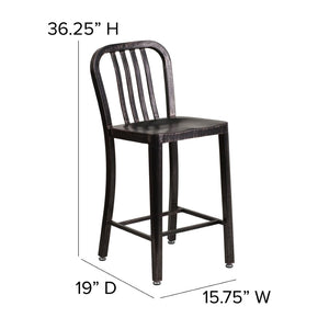 English Elm Gael Commercial-Grade 24" High Metal Counter Stool with Vertical Slat Back for Indoor & Outdoor Use Black-Antique Gold CH-61200-24-BQ-GG