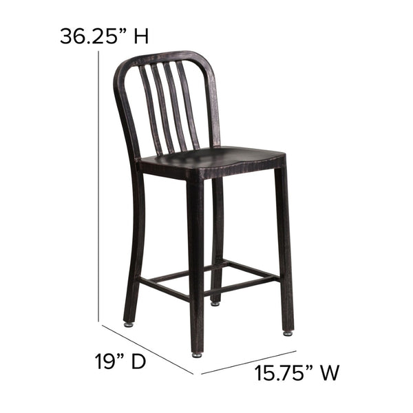 English Elm Gael Commercial-Grade 24" High Metal Counter Stool with Vertical Slat Back for Indoor & Outdoor Use Black-Antique Gold CH-61200-24-BQ-GG