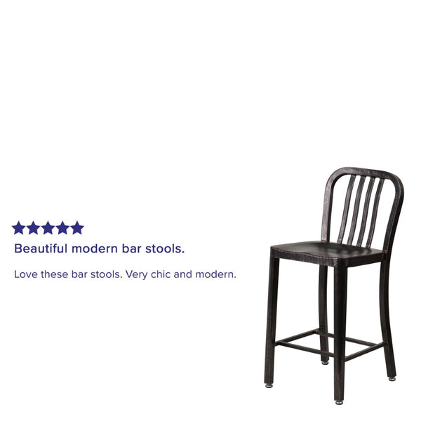 English Elm Gael Commercial-Grade 24" High Metal Counter Stool with Vertical Slat Back for Indoor & Outdoor Use Black-Antique Gold CH-61200-24-BQ-GG