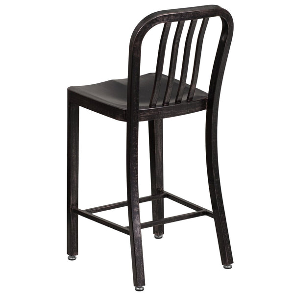 English Elm Gael Commercial-Grade 24" High Metal Counter Stool with Vertical Slat Back for Indoor & Outdoor Use Black-Antique Gold CH-61200-24-BQ-GG