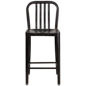 English Elm Gael Commercial-Grade 24" High Metal Counter Stool with Vertical Slat Back for Indoor & Outdoor Use Black-Antique Gold CH-61200-24-BQ-GG