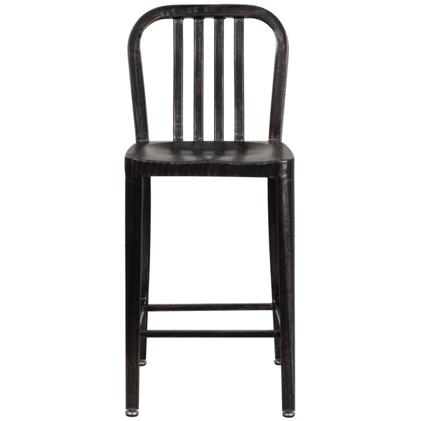 English Elm Gael Commercial-Grade 24" High Metal Counter Stool with Vertical Slat Back for Indoor & Outdoor Use Black-Antique Gold CH-61200-24-BQ-GG