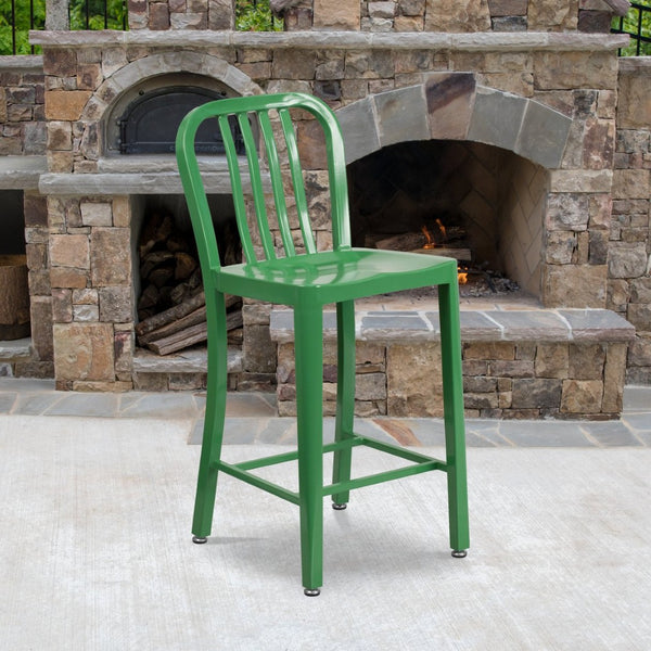 English Elm Gael Commercial-Grade 24" High Metal Counter Stool with Vertical Slat Back for Indoor & Outdoor Use Green CH-61200-24-GN-GG