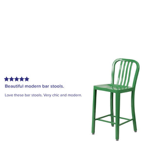 English Elm Gael Commercial-Grade 24" High Metal Counter Stool with Vertical Slat Back for Indoor & Outdoor Use Green CH-61200-24-GN-GG