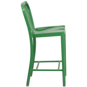 English Elm Gael Commercial-Grade 24" High Metal Counter Stool with Vertical Slat Back for Indoor & Outdoor Use Green CH-61200-24-GN-GG