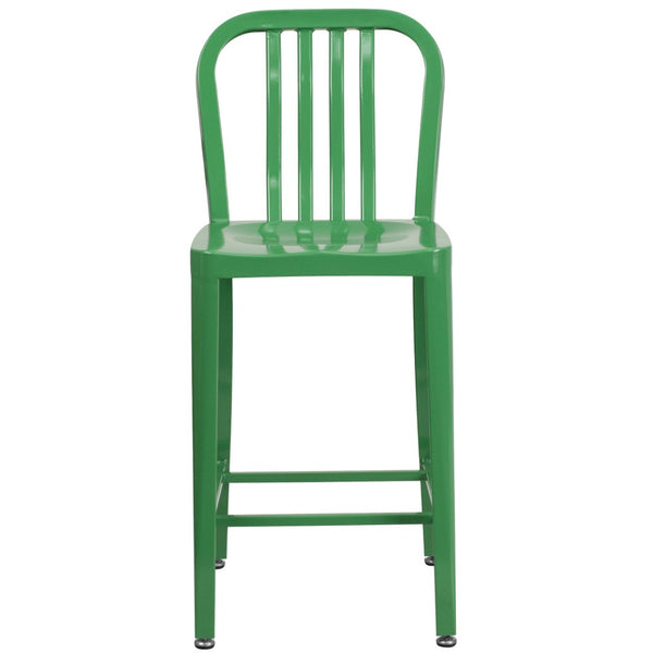English Elm Gael Commercial-Grade 24" High Metal Counter Stool with Vertical Slat Back for Indoor & Outdoor Use Green CH-61200-24-GN-GG