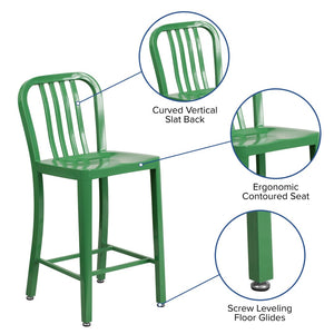 English Elm Gael Commercial-Grade 24" High Metal Counter Stool with Vertical Slat Back for Indoor & Outdoor Use Green CH-61200-24-GN-GG