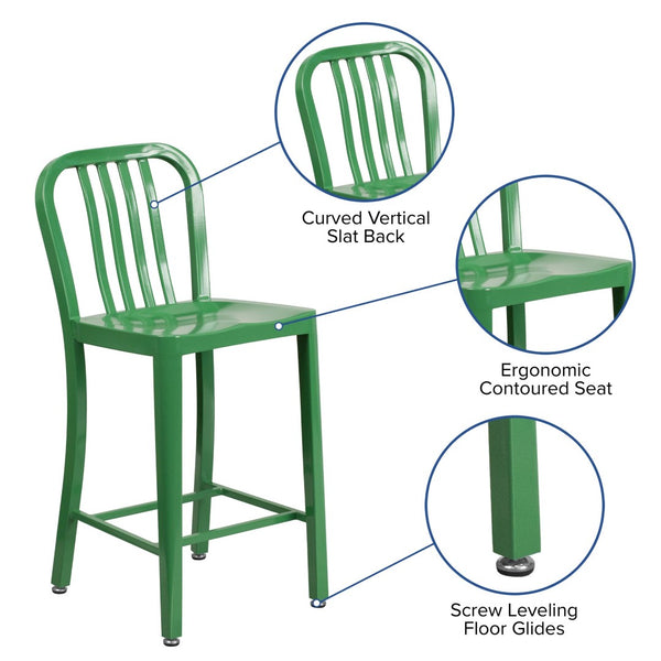 English Elm Gael Commercial-Grade 24" High Metal Counter Stool with Vertical Slat Back for Indoor & Outdoor Use Green CH-61200-24-GN-GG