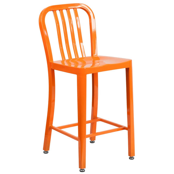 English Elm Gael Commercial-Grade 24" High Metal Counter Stool with Vertical Slat Back for Indoor & Outdoor Use Orange CH-61200-24-OR-GG