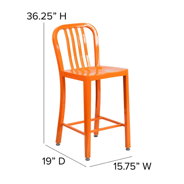 English Elm Gael Commercial-Grade 24" High Metal Counter Stool with Vertical Slat Back for Indoor & Outdoor Use Orange CH-61200-24-OR-GG