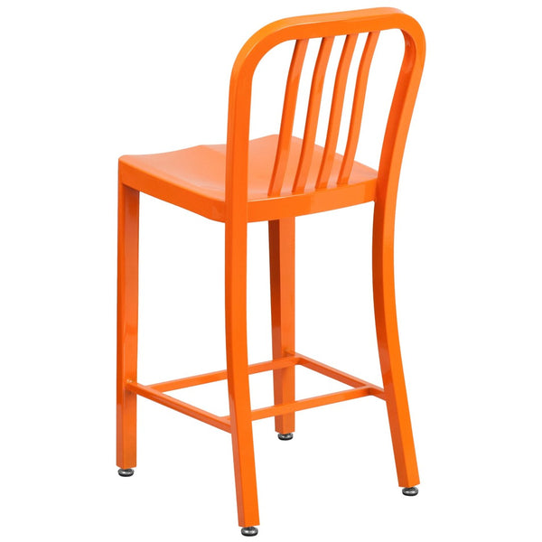English Elm Gael Commercial-Grade 24" High Metal Counter Stool with Vertical Slat Back for Indoor & Outdoor Use Orange CH-61200-24-OR-GG