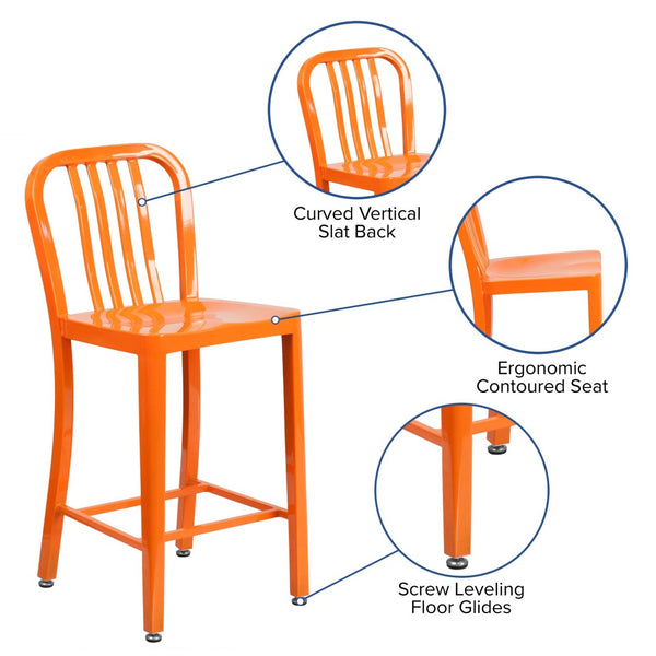 English Elm Gael Commercial-Grade 24" High Metal Counter Stool with Vertical Slat Back for Indoor & Outdoor Use Orange CH-61200-24-OR-GG