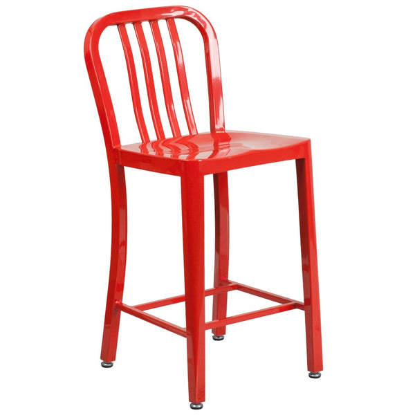 English Elm Gael Commercial-Grade 24" High Metal Counter Stool with Vertical Slat Back for Indoor & Outdoor Use Red CH-61200-24-RED-GG