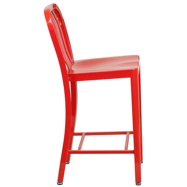 English Elm Gael Commercial-Grade 24" High Metal Counter Stool with Vertical Slat Back for Indoor & Outdoor Use Red CH-61200-24-RED-GG