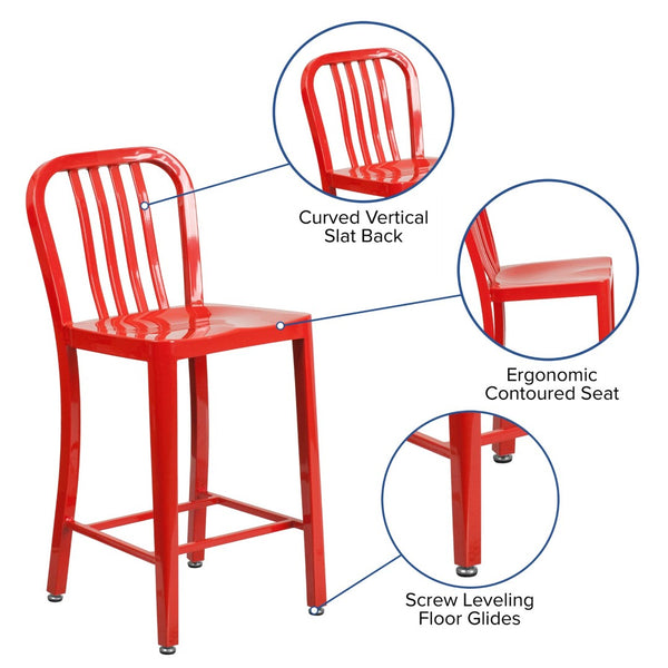 English Elm Gael Commercial-Grade 24" High Metal Counter Stool with Vertical Slat Back for Indoor & Outdoor Use Red CH-61200-24-RED-GG