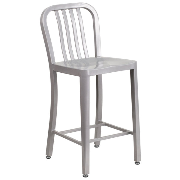 English Elm Gael Commercial-Grade 24" High Metal Counter Stool with Vertical Slat Back for Indoor & Outdoor Use Silver CH-61200-24-SIL-GG