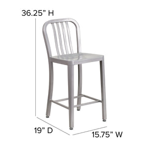 English Elm Gael Commercial-Grade 24" High Metal Counter Stool with Vertical Slat Back for Indoor & Outdoor Use Silver CH-61200-24-SIL-GG