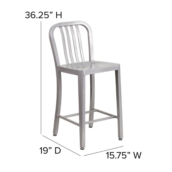 English Elm Gael Commercial-Grade 24" High Metal Counter Stool with Vertical Slat Back for Indoor & Outdoor Use Silver CH-61200-24-SIL-GG