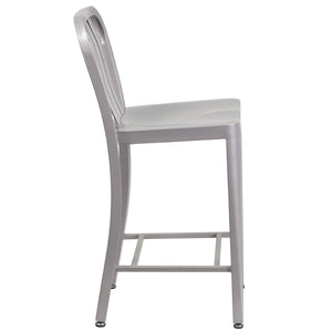 English Elm Gael Commercial-Grade 24" High Metal Counter Stool with Vertical Slat Back for Indoor & Outdoor Use Silver CH-61200-24-SIL-GG