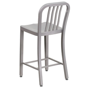 English Elm Gael Commercial-Grade 24" High Metal Counter Stool with Vertical Slat Back for Indoor & Outdoor Use Silver CH-61200-24-SIL-GG