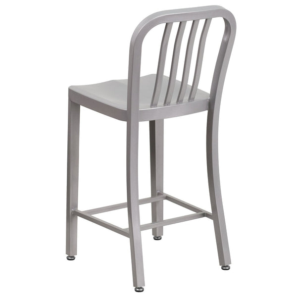 English Elm Gael Commercial-Grade 24" High Metal Counter Stool with Vertical Slat Back for Indoor & Outdoor Use Silver CH-61200-24-SIL-GG