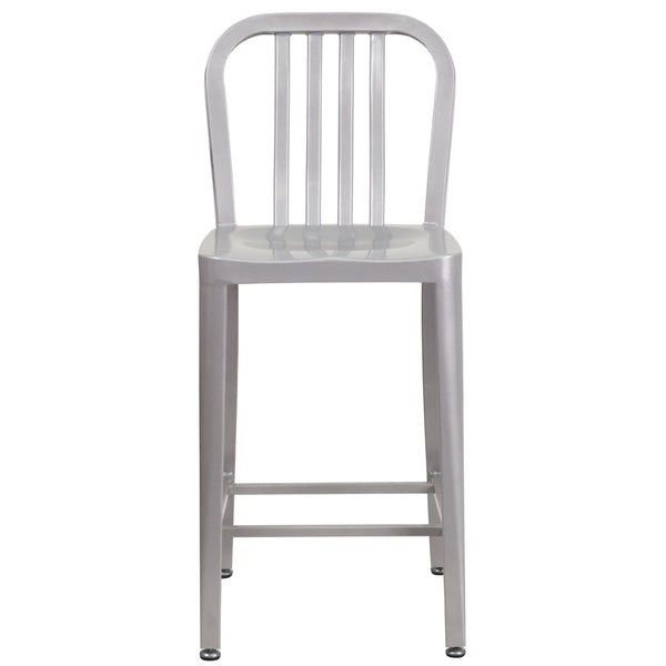 English Elm Gael Commercial-Grade 24" High Metal Counter Stool with Vertical Slat Back for Indoor & Outdoor Use Silver CH-61200-24-SIL-GG