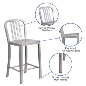 English Elm Gael Commercial-Grade 24" High Metal Counter Stool with Vertical Slat Back for Indoor & Outdoor Use Silver CH-61200-24-SIL-GG