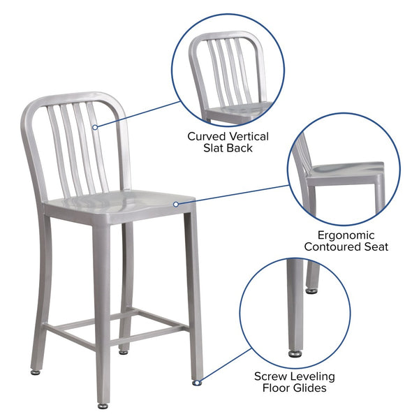 English Elm Gael Commercial-Grade 24" High Metal Counter Stool with Vertical Slat Back for Indoor & Outdoor Use Silver CH-61200-24-SIL-GG
