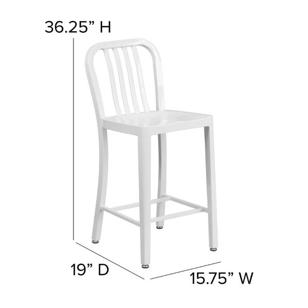 English Elm Gael Commercial-Grade 24" High Metal Counter Stool with Vertical Slat Back for Indoor & Outdoor Use White CH-61200-24-WH-GG