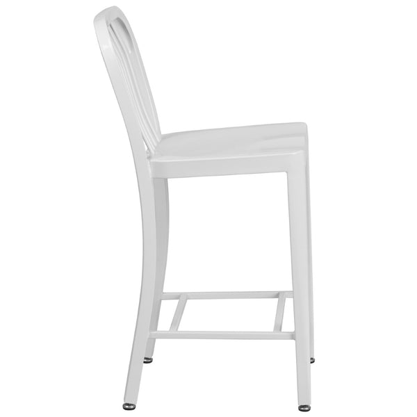 English Elm Gael Commercial-Grade 24" High Metal Counter Stool with Vertical Slat Back for Indoor & Outdoor Use White CH-61200-24-WH-GG