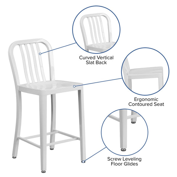 English Elm Gael Commercial-Grade 24" High Metal Counter Stool with Vertical Slat Back for Indoor & Outdoor Use White CH-61200-24-WH-GG