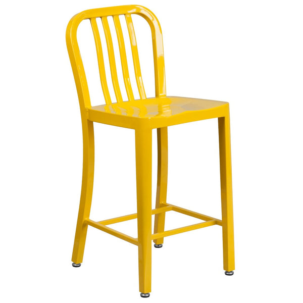 English Elm Gael Commercial-Grade 24" High Metal Counter Stool with Vertical Slat Back for Indoor & Outdoor Use Yellow CH-61200-24-YL-GG