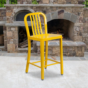 English Elm Gael Commercial-Grade 24" High Metal Counter Stool with Vertical Slat Back for Indoor & Outdoor Use Yellow CH-61200-24-YL-GG