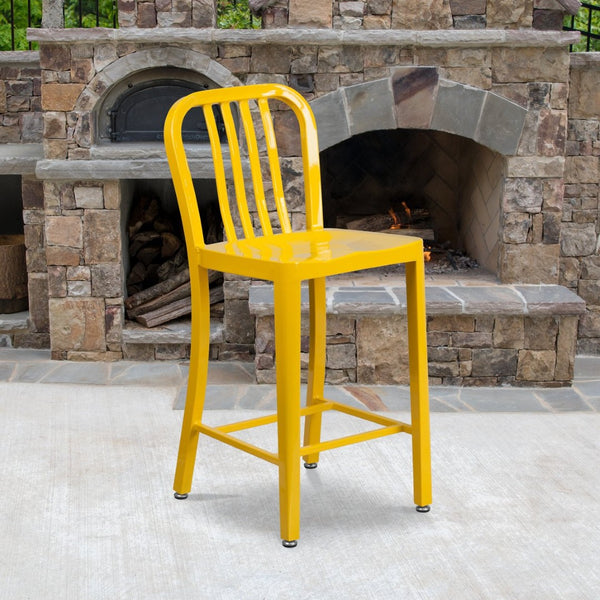 English Elm Gael Commercial-Grade 24" High Metal Counter Stool with Vertical Slat Back for Indoor & Outdoor Use Yellow CH-61200-24-YL-GG