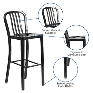 English Elm Gael Commercial Grade 30" High Metal Barstool for Indoor-Outdoor Use with Stylish Vertical Slat Back Black CH-61200-30-BK-GG
