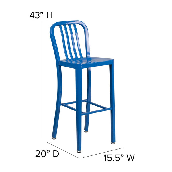 English Elm Gael Commercial Grade 30" High Metal Barstool for Indoor-Outdoor Use with Stylish Vertical Slat Back Blue CH-61200-30-BL-GG