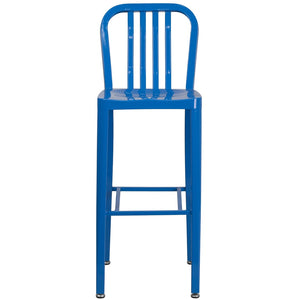 English Elm Gael Commercial Grade 30" High Metal Barstool for Indoor-Outdoor Use with Stylish Vertical Slat Back Blue CH-61200-30-BL-GG