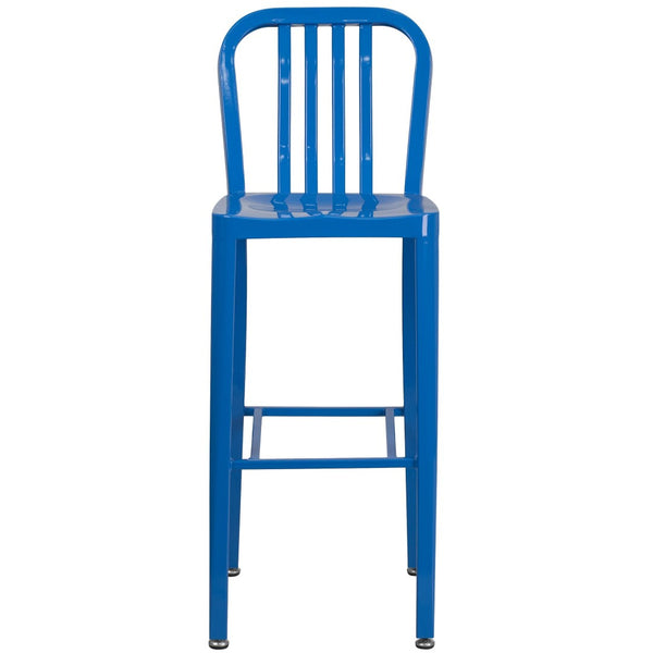 English Elm Gael Commercial Grade 30" High Metal Barstool for Indoor-Outdoor Use with Stylish Vertical Slat Back Blue CH-61200-30-BL-GG