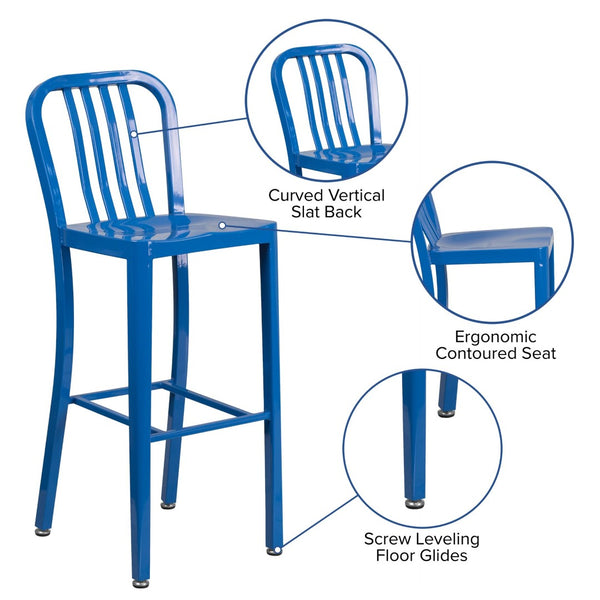 English Elm Gael Commercial Grade 30" High Metal Barstool for Indoor-Outdoor Use with Stylish Vertical Slat Back Blue CH-61200-30-BL-GG