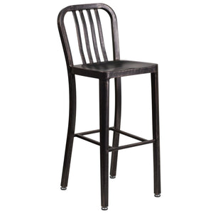 English Elm Gael Commercial Grade 30" High Metal Barstool for Indoor-Outdoor Use with Stylish Vertical Slat Back Black-Antique Gold CH-61200-30-BQ-GG