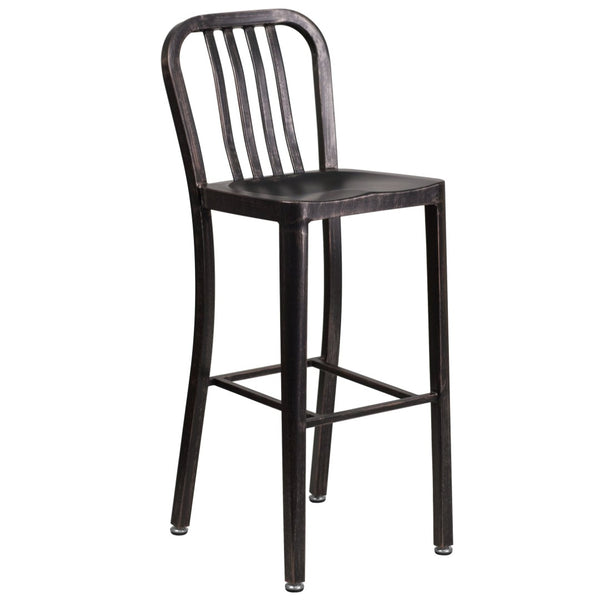 English Elm Gael Commercial Grade 30" High Metal Barstool for Indoor-Outdoor Use with Stylish Vertical Slat Back Black-Antique Gold CH-61200-30-BQ-GG