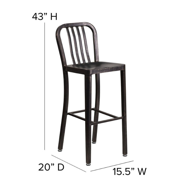 English Elm Gael Commercial Grade 30" High Metal Barstool for Indoor-Outdoor Use with Stylish Vertical Slat Back Black-Antique Gold CH-61200-30-BQ-GG