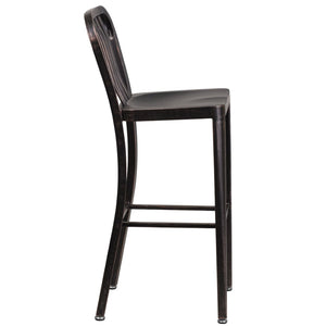 English Elm Gael Commercial Grade 30" High Metal Barstool for Indoor-Outdoor Use with Stylish Vertical Slat Back Black-Antique Gold CH-61200-30-BQ-GG
