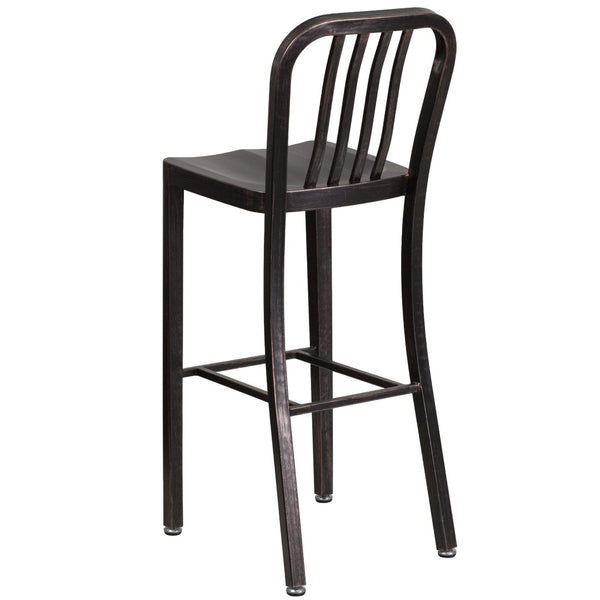 English Elm Gael Commercial Grade 30" High Metal Barstool for Indoor-Outdoor Use with Stylish Vertical Slat Back Black-Antique Gold CH-61200-30-BQ-GG