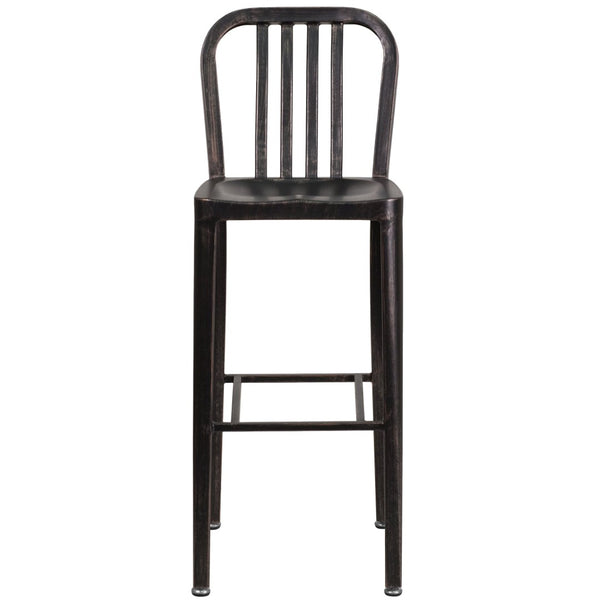English Elm Gael Commercial Grade 30" High Metal Barstool for Indoor-Outdoor Use with Stylish Vertical Slat Back Black-Antique Gold CH-61200-30-BQ-GG