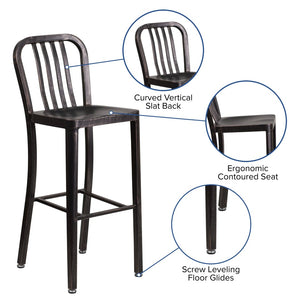 English Elm Gael Commercial Grade 30" High Metal Barstool for Indoor-Outdoor Use with Stylish Vertical Slat Back Black-Antique Gold CH-61200-30-BQ-GG