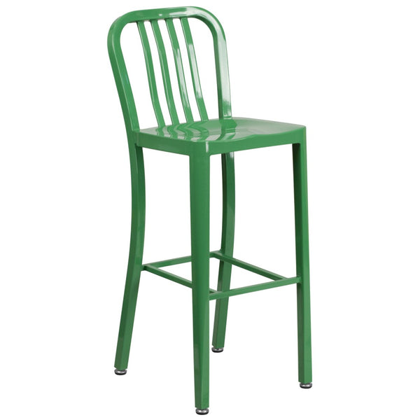 English Elm Gael Commercial Grade 30" High Metal Barstool for Indoor-Outdoor Use with Stylish Vertical Slat Back Green CH-61200-30-GN-GG