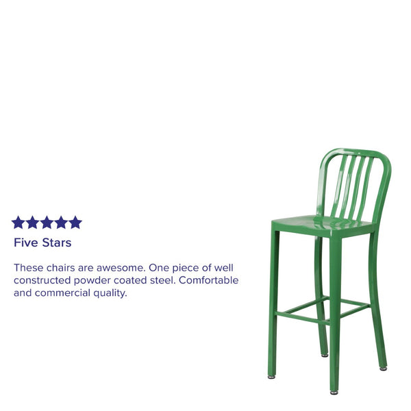 English Elm Gael Commercial Grade 30" High Metal Barstool for Indoor-Outdoor Use with Stylish Vertical Slat Back Green CH-61200-30-GN-GG