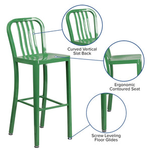English Elm Gael Commercial Grade 30" High Metal Barstool for Indoor-Outdoor Use with Stylish Vertical Slat Back Green CH-61200-30-GN-GG